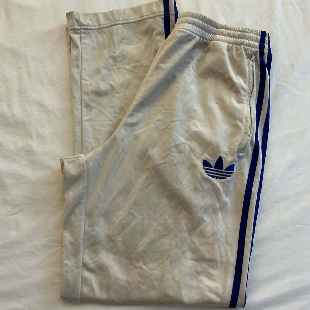 Vintage Adidas Firebird Track Pants Size M White Blue Logo Zip Pockets AS/IS
